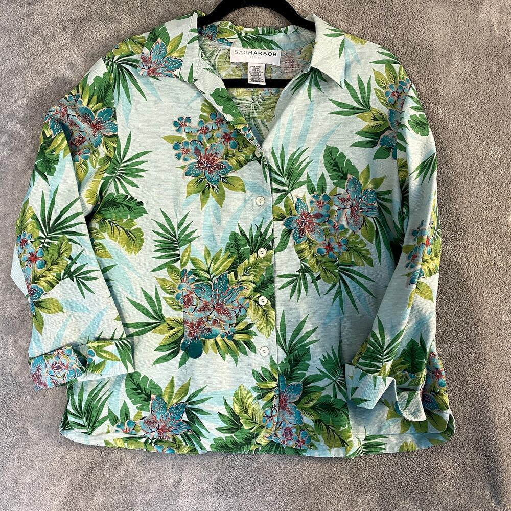 Sag Harbor 100% Silk Tropical Hawaiian Shirt Women's 16P Palm Print Resort Retro